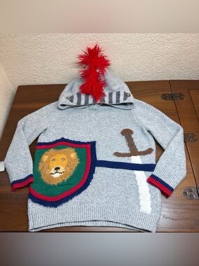 Mini Boden Knitted Knight Hoodie Sweater 5-6Y 116 cm Unisex Gray Lion